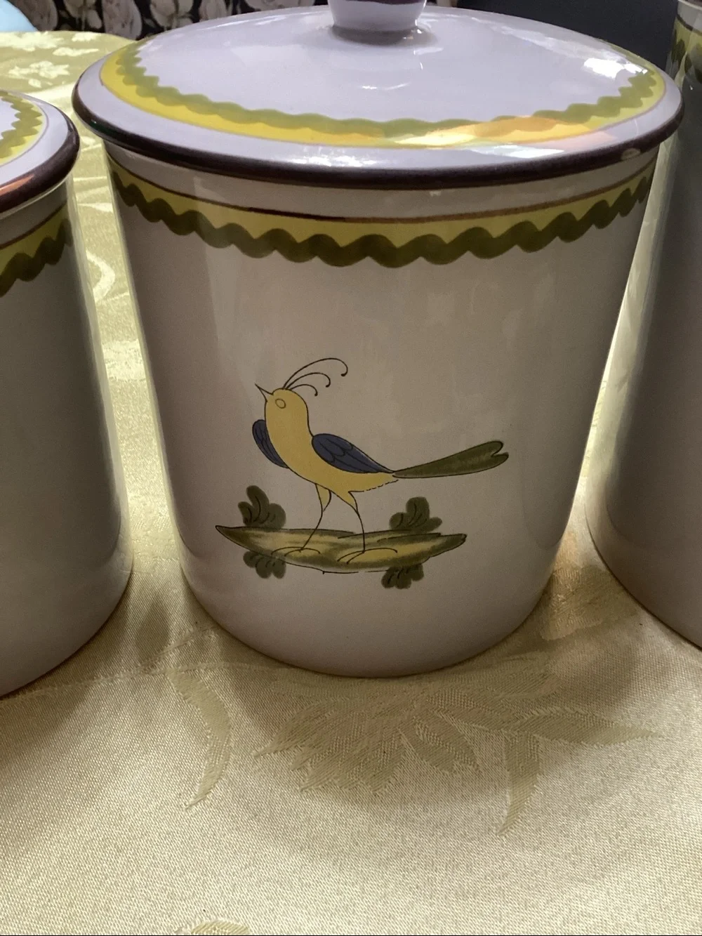 Vintage 1950’s Ceramic Bird Canister Set - White and Yellow Italy